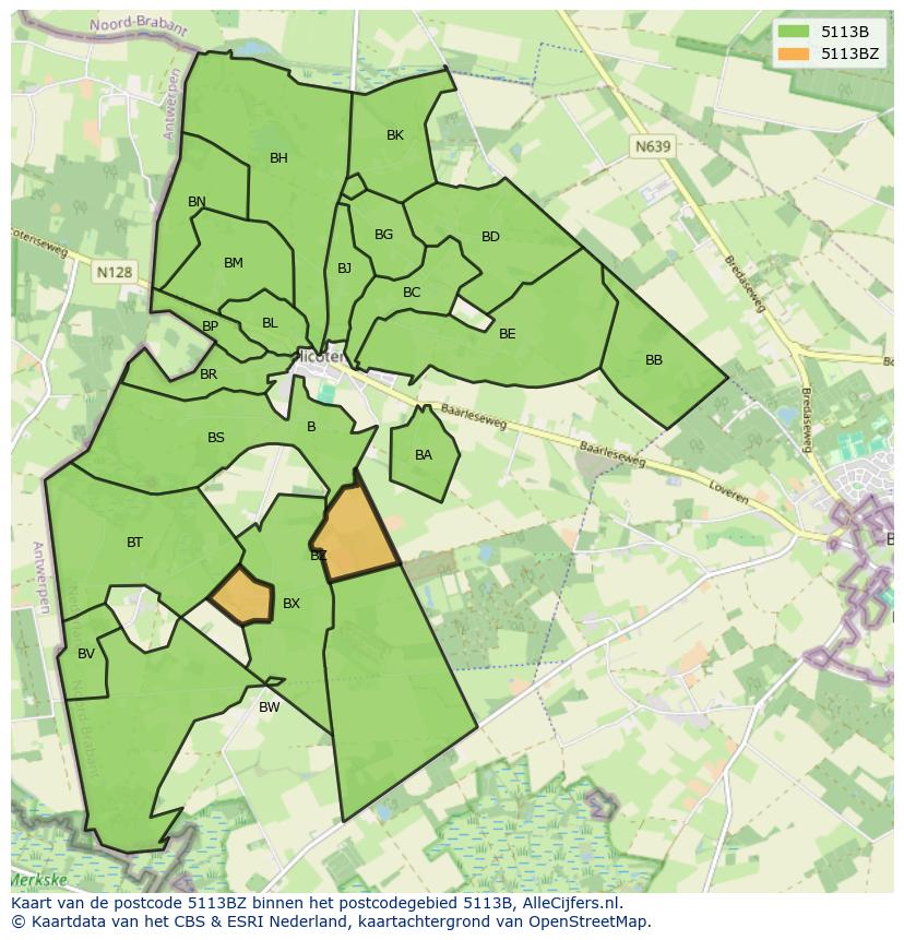 Afbeelding van het postcodegebied 5113 BZ op de kaart.