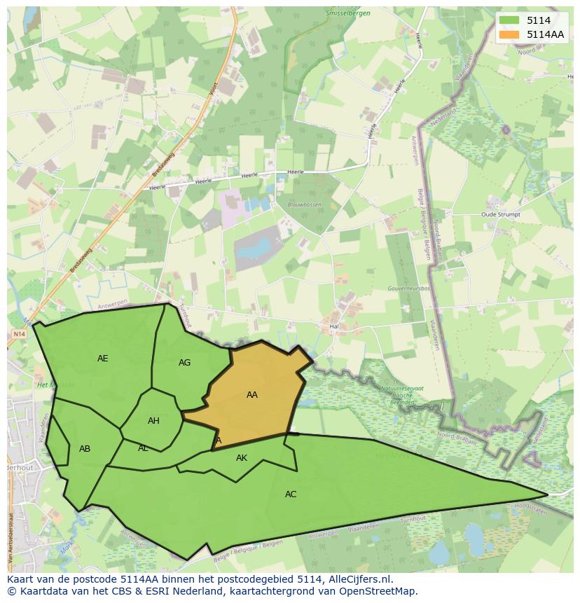 Afbeelding van het postcodegebied 5114 AA op de kaart.
