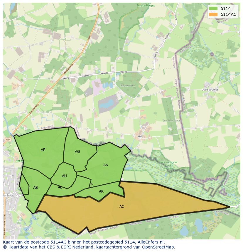 Afbeelding van het postcodegebied 5114 AC op de kaart.