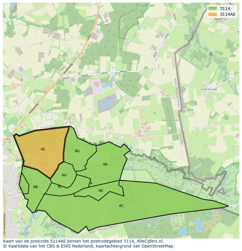 Afbeelding van het postcodegebied 5114 AE op de kaart.