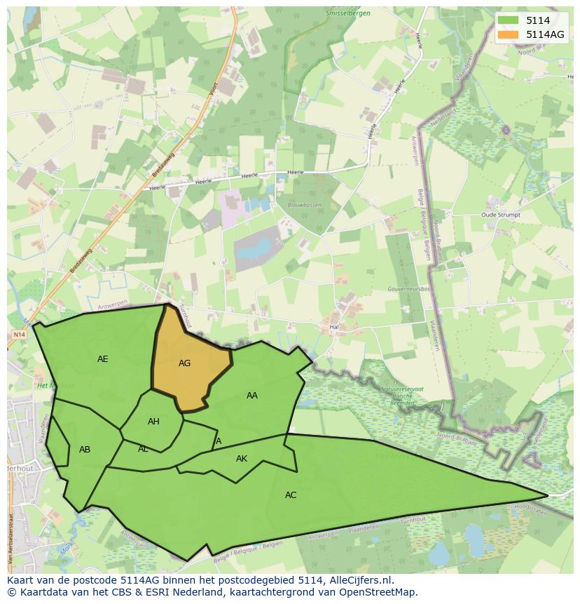 Afbeelding van het postcodegebied 5114 AG op de kaart.