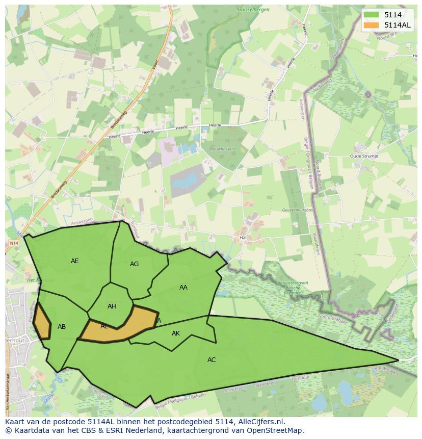 Afbeelding van het postcodegebied 5114 AL op de kaart.