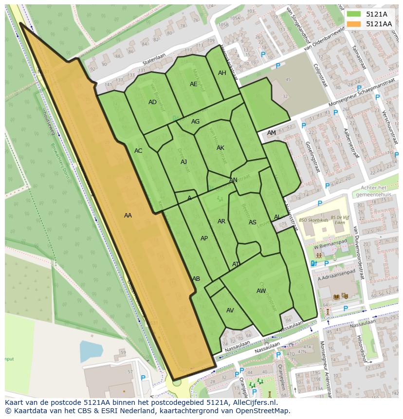 Afbeelding van het postcodegebied 5121 AA op de kaart.