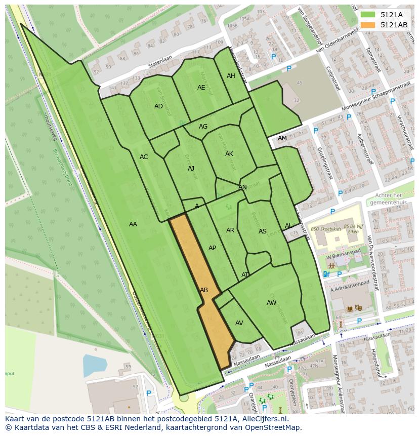 Afbeelding van het postcodegebied 5121 AB op de kaart.