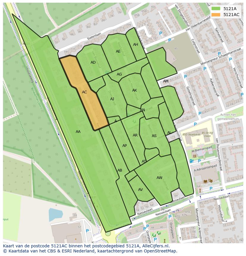 Afbeelding van het postcodegebied 5121 AC op de kaart.