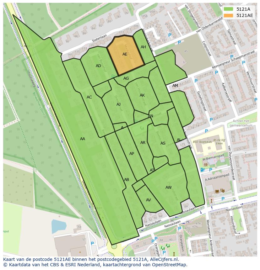 Afbeelding van het postcodegebied 5121 AE op de kaart.