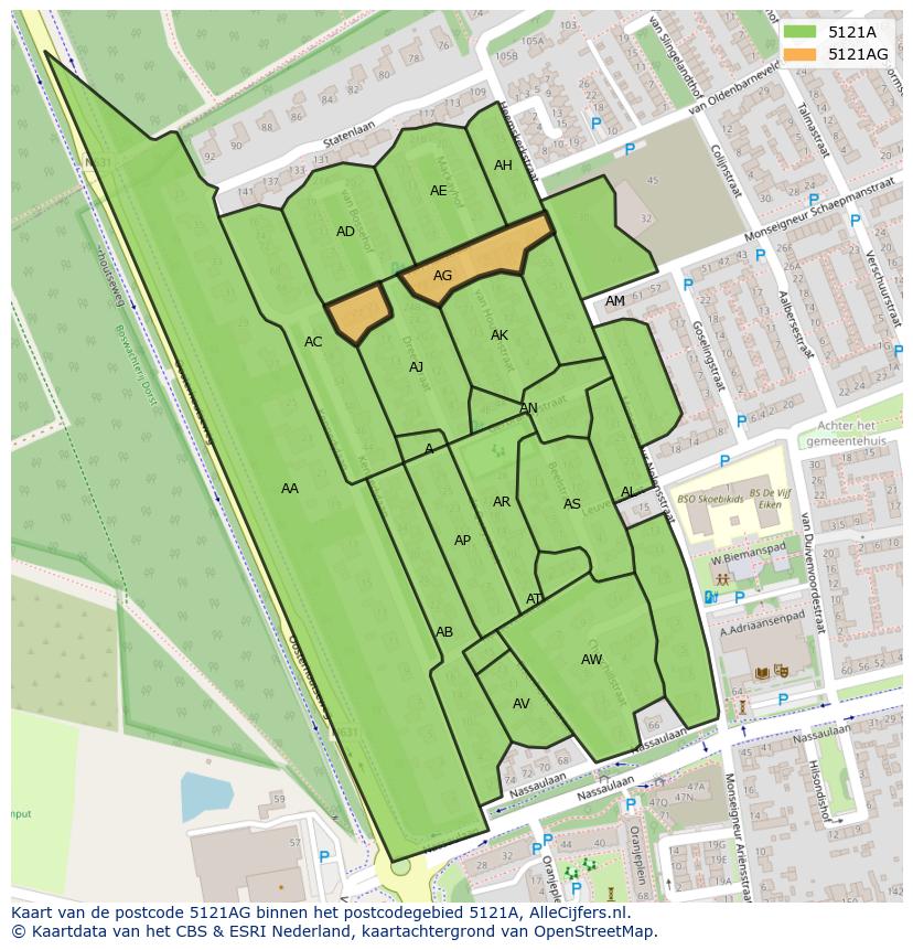Afbeelding van het postcodegebied 5121 AG op de kaart.