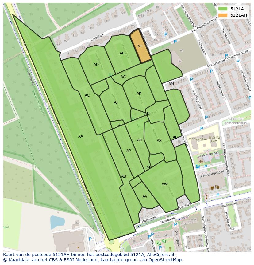 Afbeelding van het postcodegebied 5121 AH op de kaart.