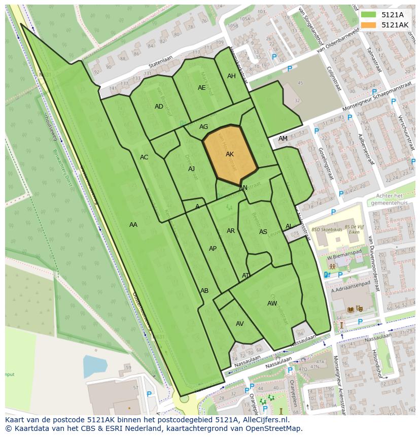 Afbeelding van het postcodegebied 5121 AK op de kaart.