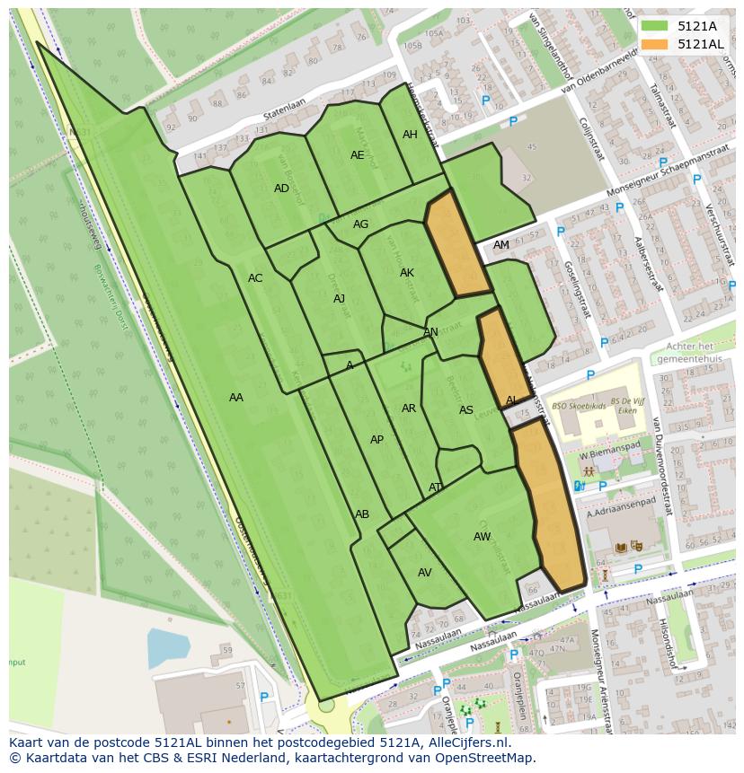 Afbeelding van het postcodegebied 5121 AL op de kaart.