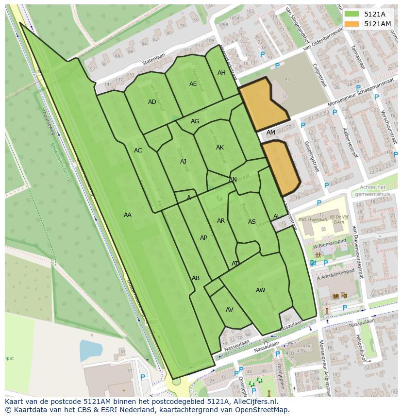 Afbeelding van het postcodegebied 5121 AM op de kaart.