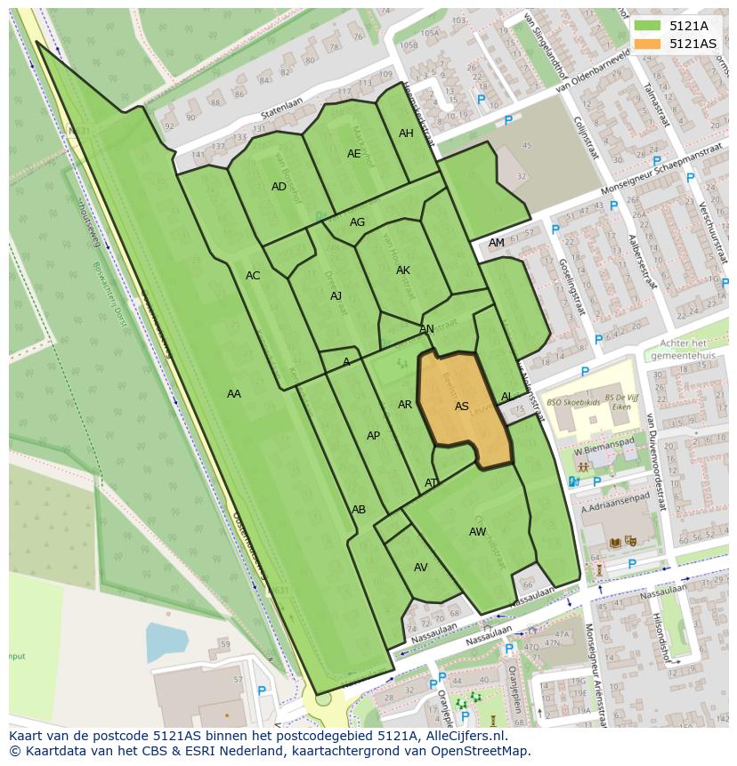 Afbeelding van het postcodegebied 5121 AS op de kaart.