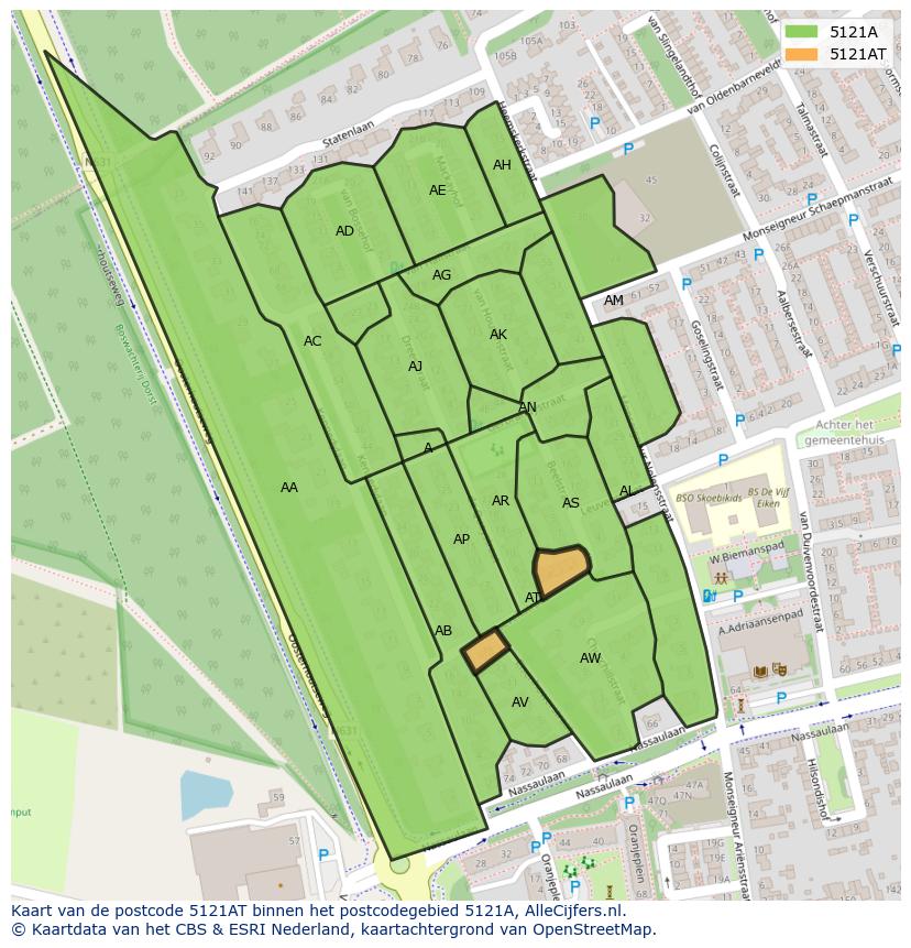 Afbeelding van het postcodegebied 5121 AT op de kaart.