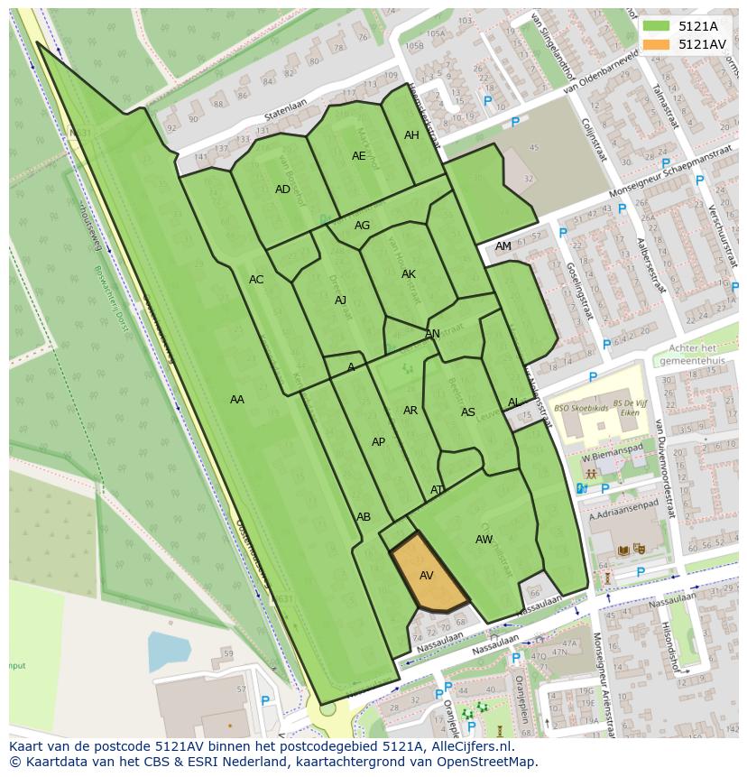 Afbeelding van het postcodegebied 5121 AV op de kaart.