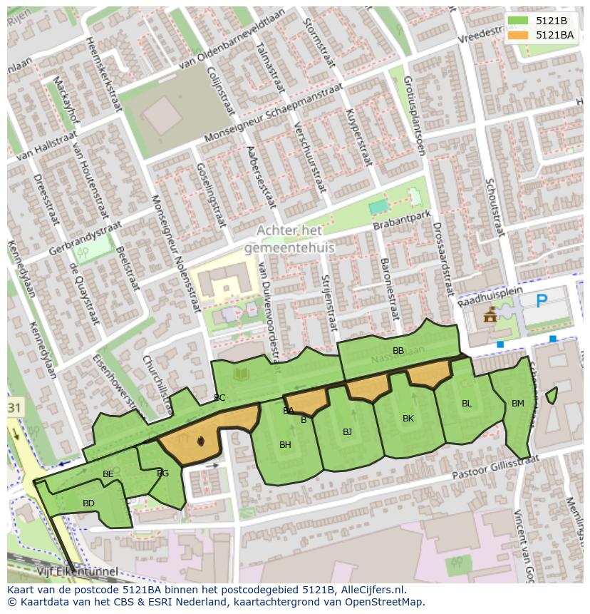 Afbeelding van het postcodegebied 5121 BA op de kaart.