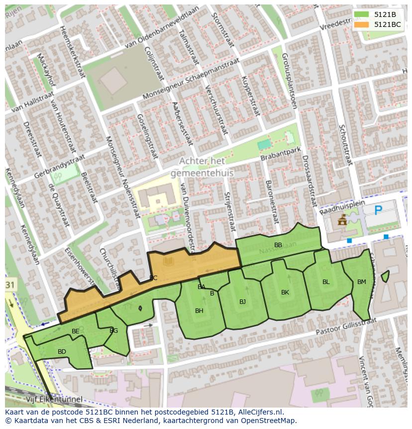 Afbeelding van het postcodegebied 5121 BC op de kaart.