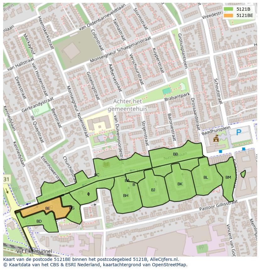 Afbeelding van het postcodegebied 5121 BE op de kaart.