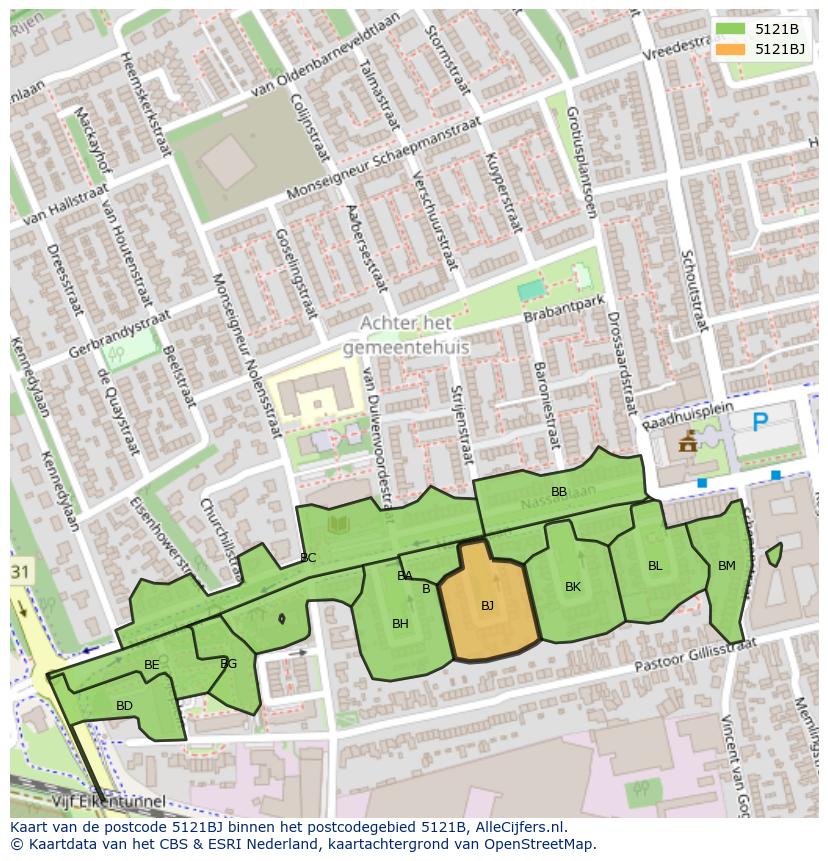 Afbeelding van het postcodegebied 5121 BJ op de kaart.