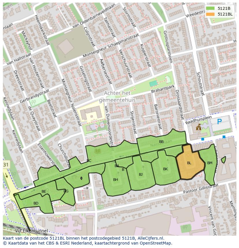Afbeelding van het postcodegebied 5121 BL op de kaart.
