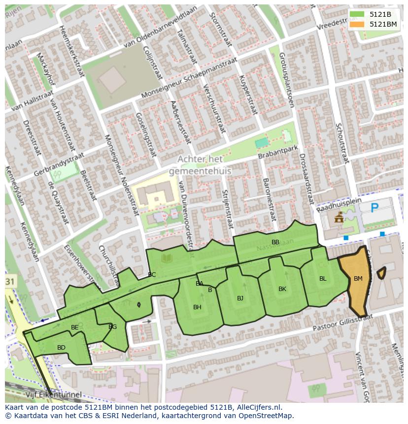 Afbeelding van het postcodegebied 5121 BM op de kaart.