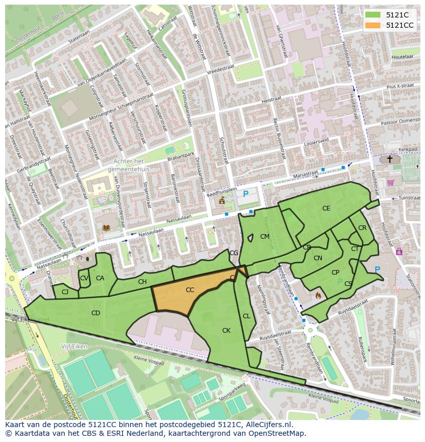 Afbeelding van het postcodegebied 5121 CC op de kaart.