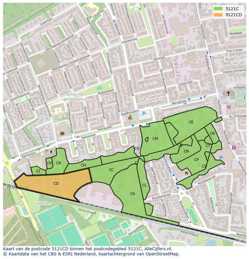 Afbeelding van het postcodegebied 5121 CD op de kaart.