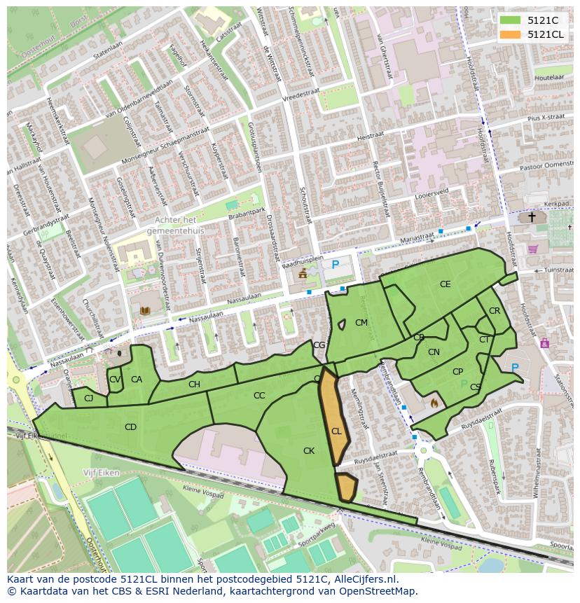 Afbeelding van het postcodegebied 5121 CL op de kaart.