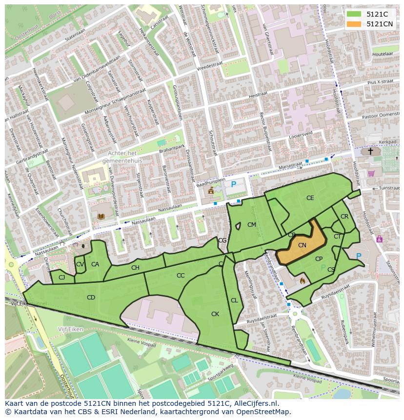 Afbeelding van het postcodegebied 5121 CN op de kaart.