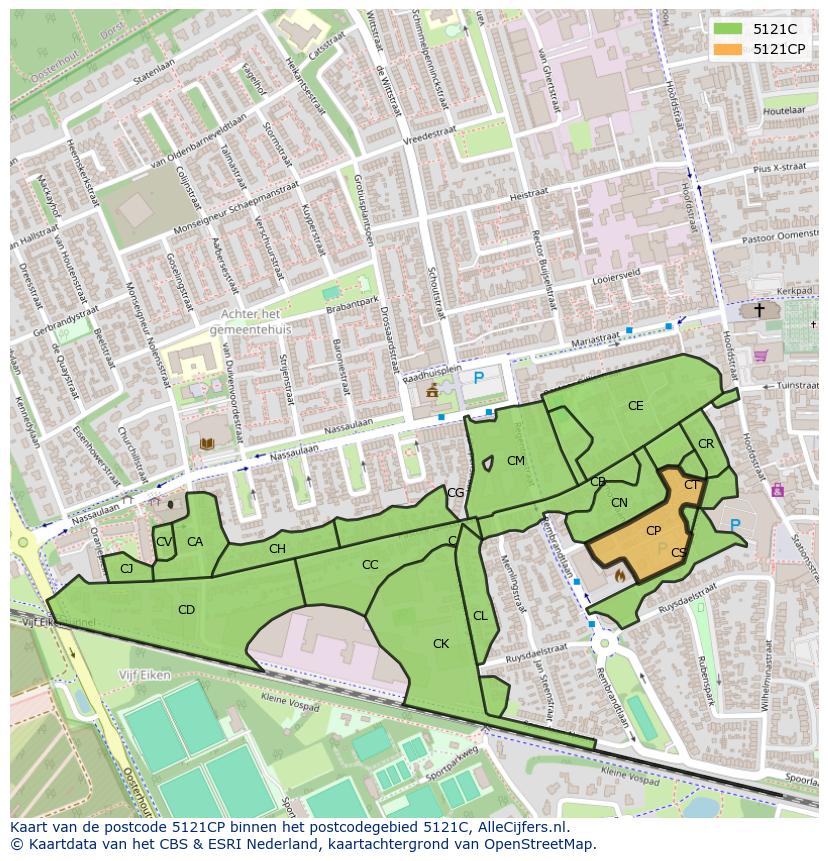 Afbeelding van het postcodegebied 5121 CP op de kaart.