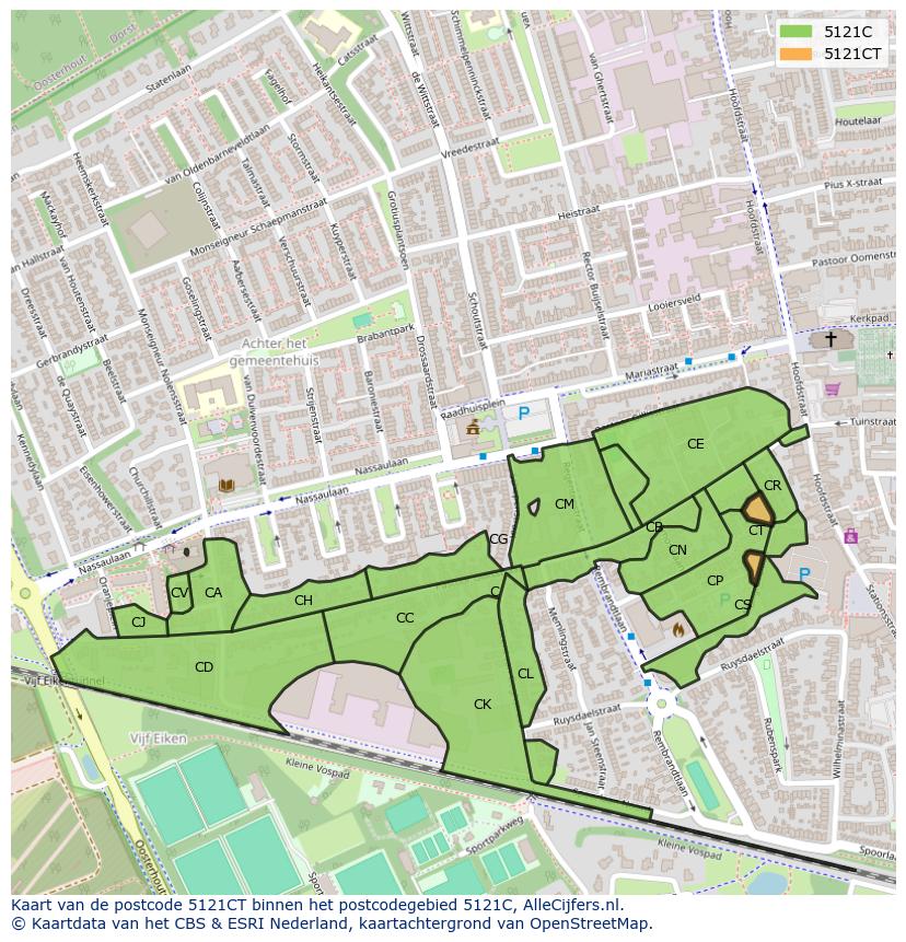 Afbeelding van het postcodegebied 5121 CT op de kaart.