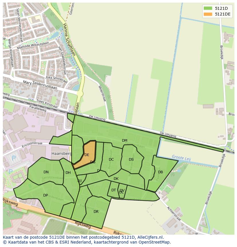 Afbeelding van het postcodegebied 5121 DE op de kaart.