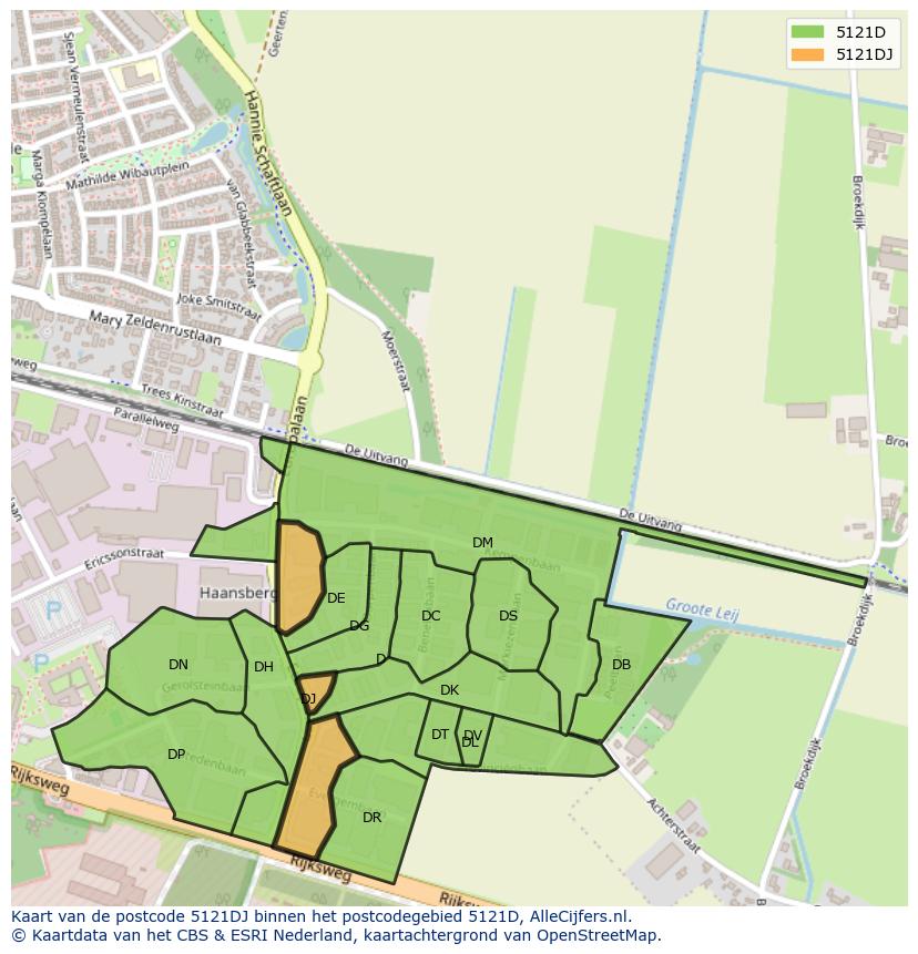 Afbeelding van het postcodegebied 5121 DJ op de kaart.