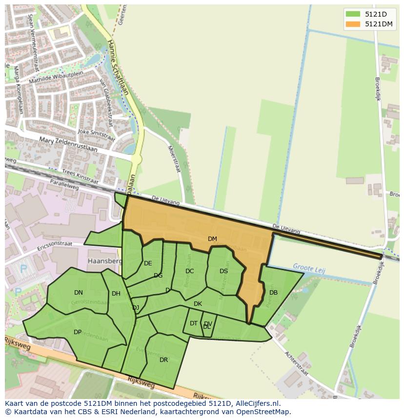 Afbeelding van het postcodegebied 5121 DM op de kaart.