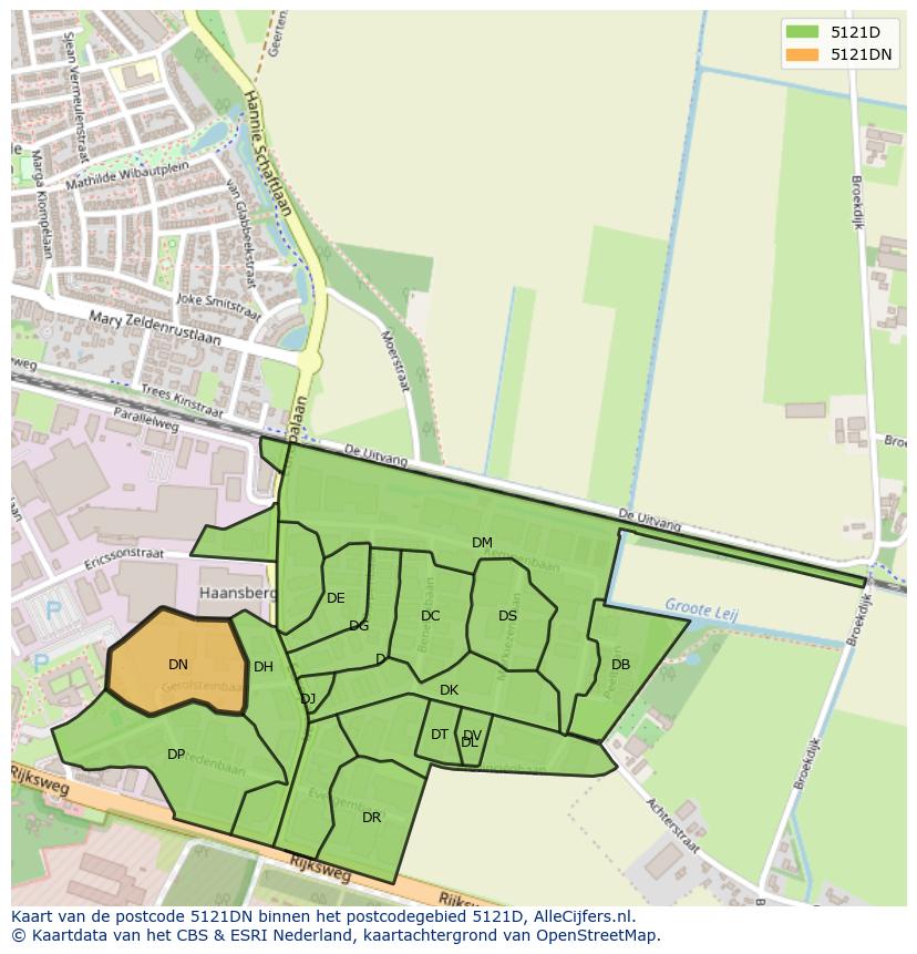 Afbeelding van het postcodegebied 5121 DN op de kaart.
