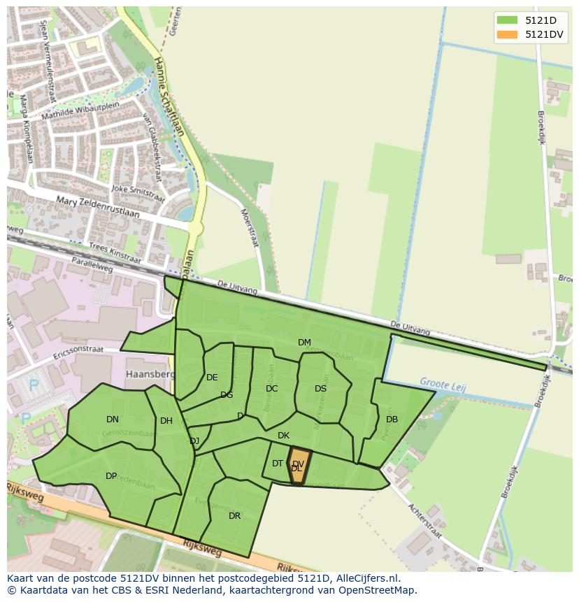 Afbeelding van het postcodegebied 5121 DV op de kaart.