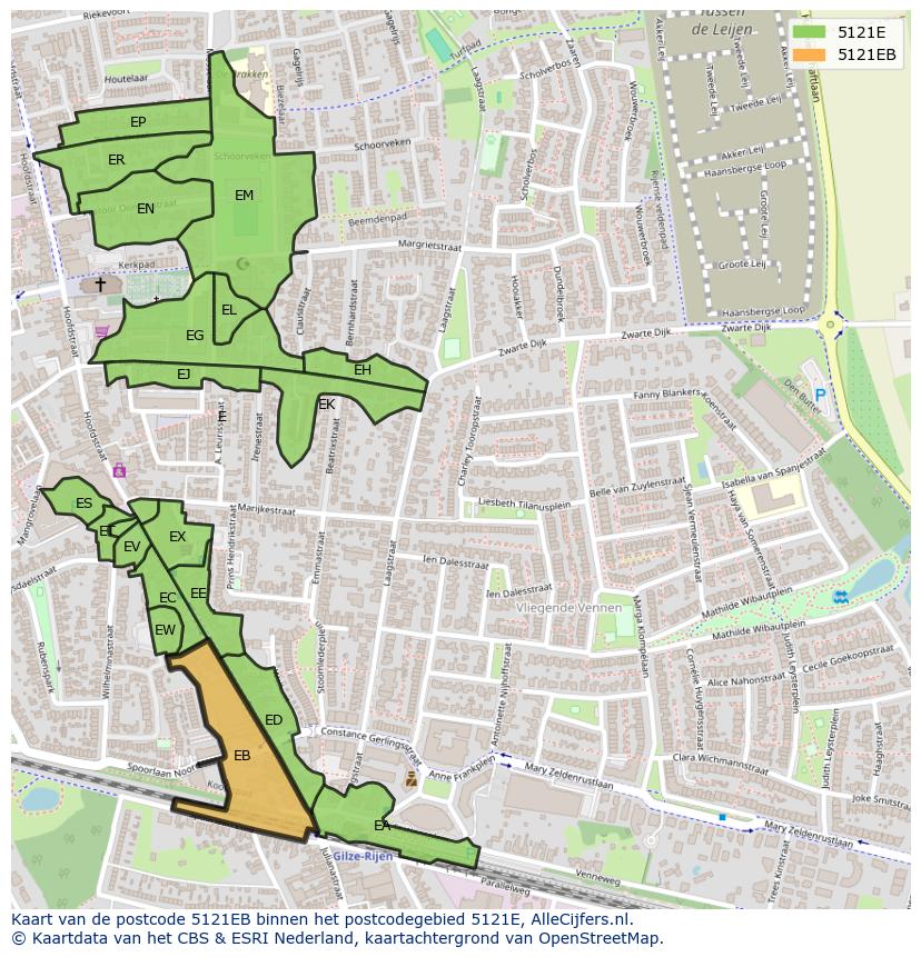 Afbeelding van het postcodegebied 5121 EB op de kaart.