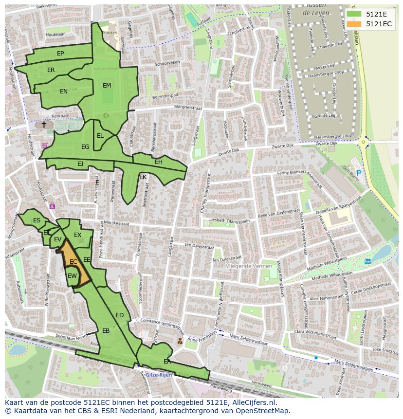 Afbeelding van het postcodegebied 5121 EC op de kaart.