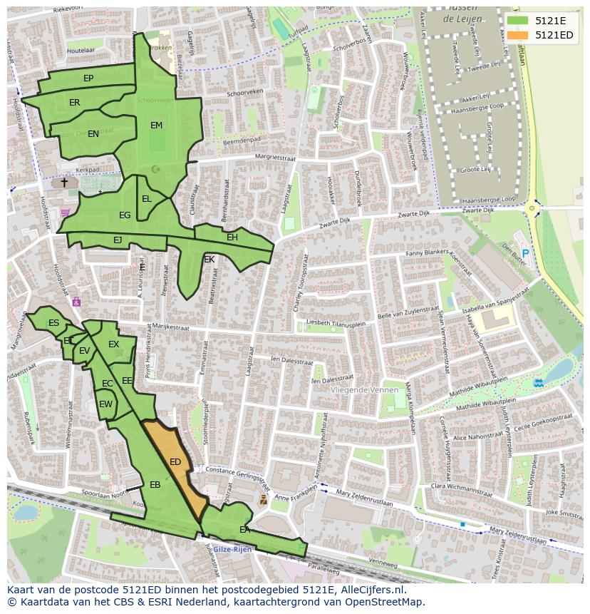 Afbeelding van het postcodegebied 5121 ED op de kaart.