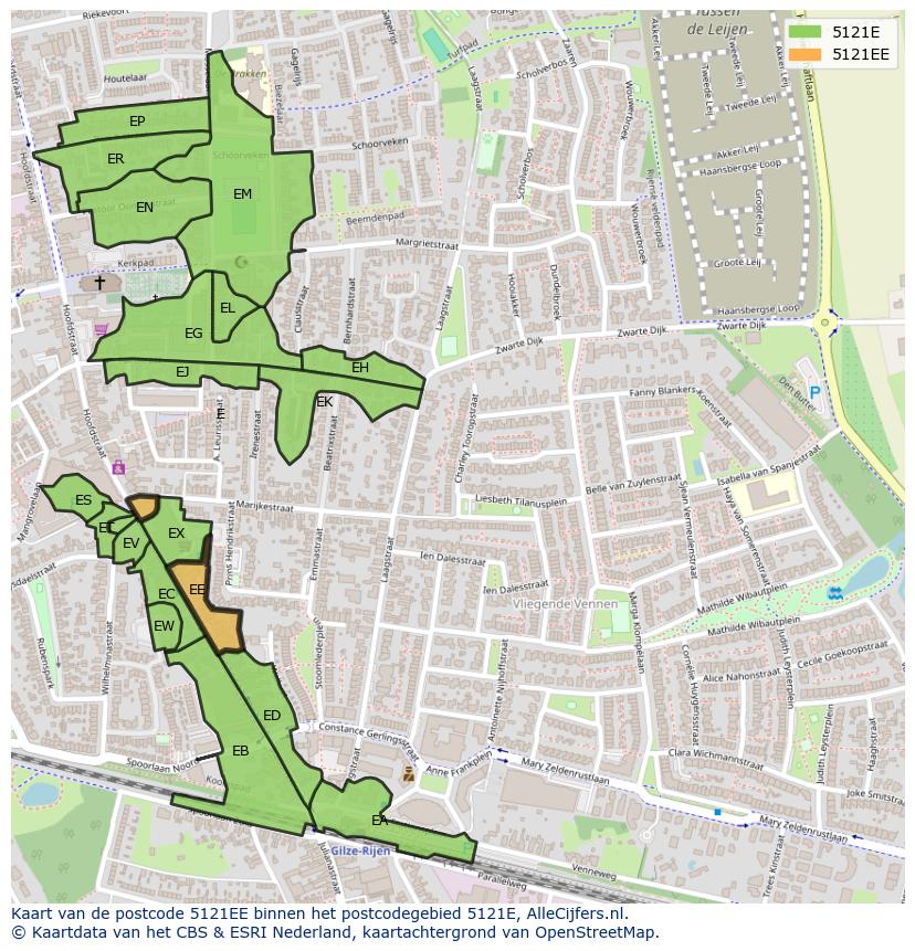 Afbeelding van het postcodegebied 5121 EE op de kaart.