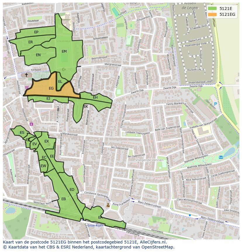 Afbeelding van het postcodegebied 5121 EG op de kaart.