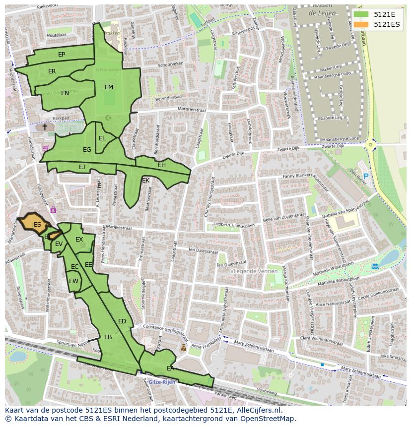 Afbeelding van het postcodegebied 5121 ES op de kaart.