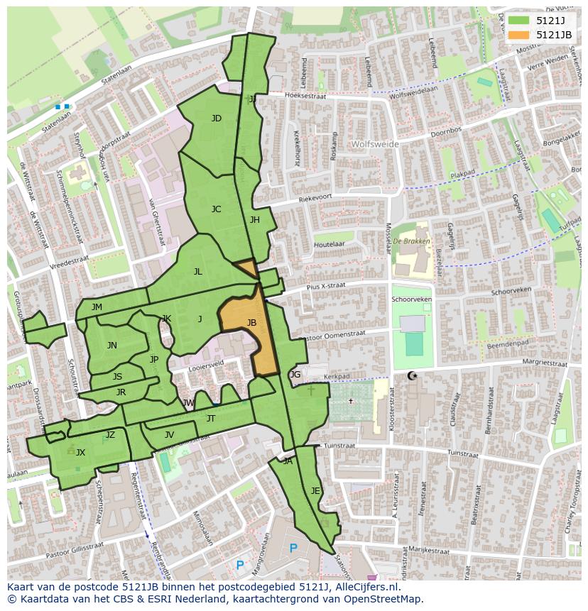 Afbeelding van het postcodegebied 5121 JB op de kaart.