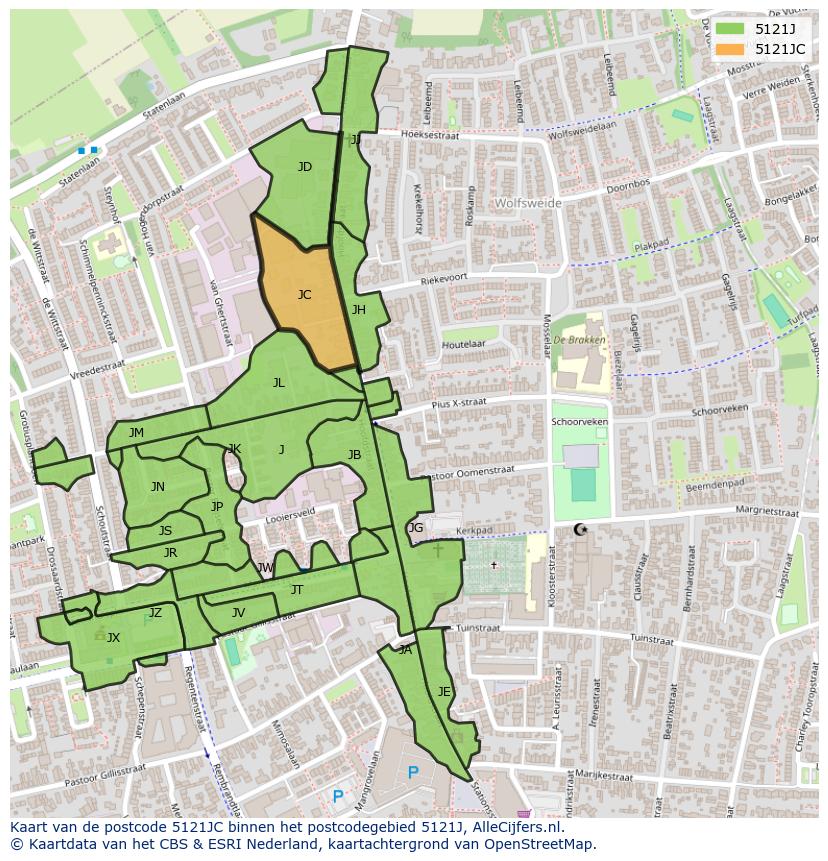 Afbeelding van het postcodegebied 5121 JC op de kaart.