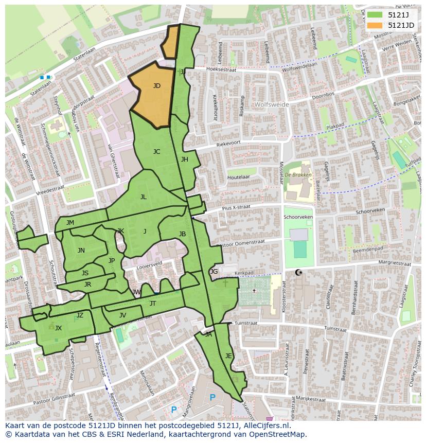 Afbeelding van het postcodegebied 5121 JD op de kaart.