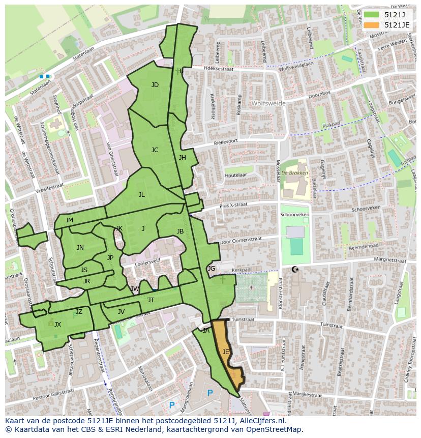 Afbeelding van het postcodegebied 5121 JE op de kaart.