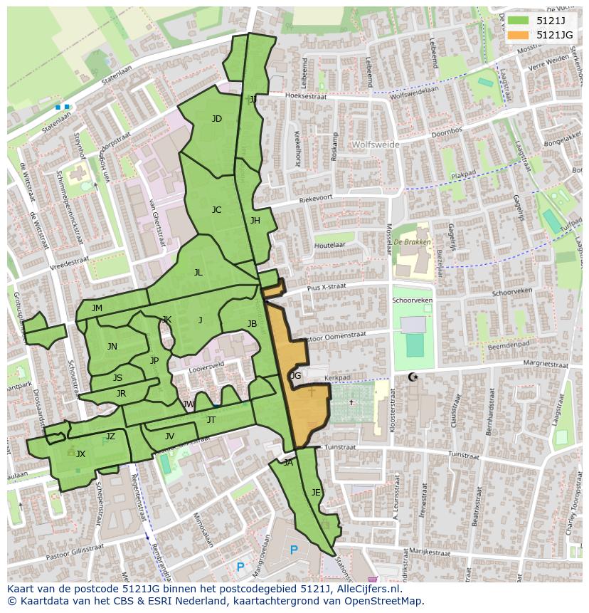 Afbeelding van het postcodegebied 5121 JG op de kaart.