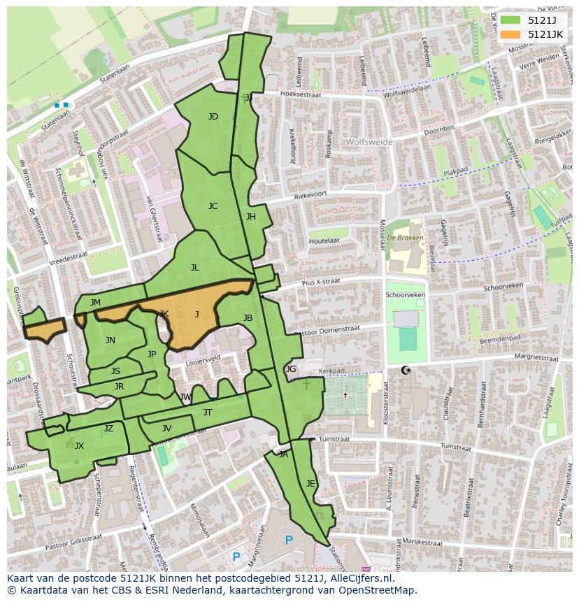Afbeelding van het postcodegebied 5121 JK op de kaart.