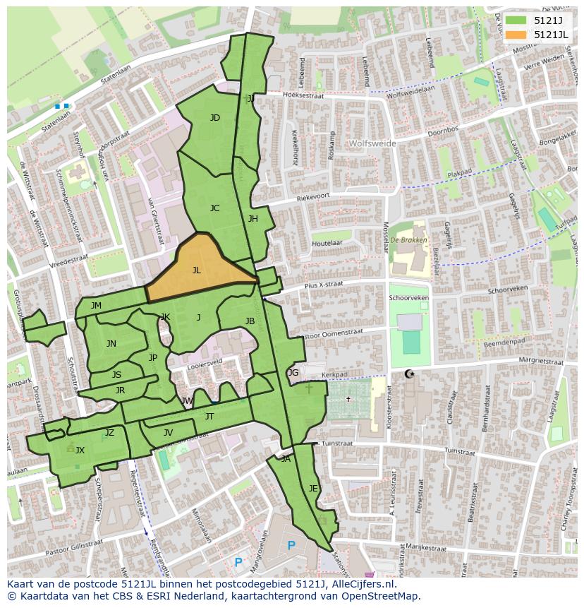 Afbeelding van het postcodegebied 5121 JL op de kaart.