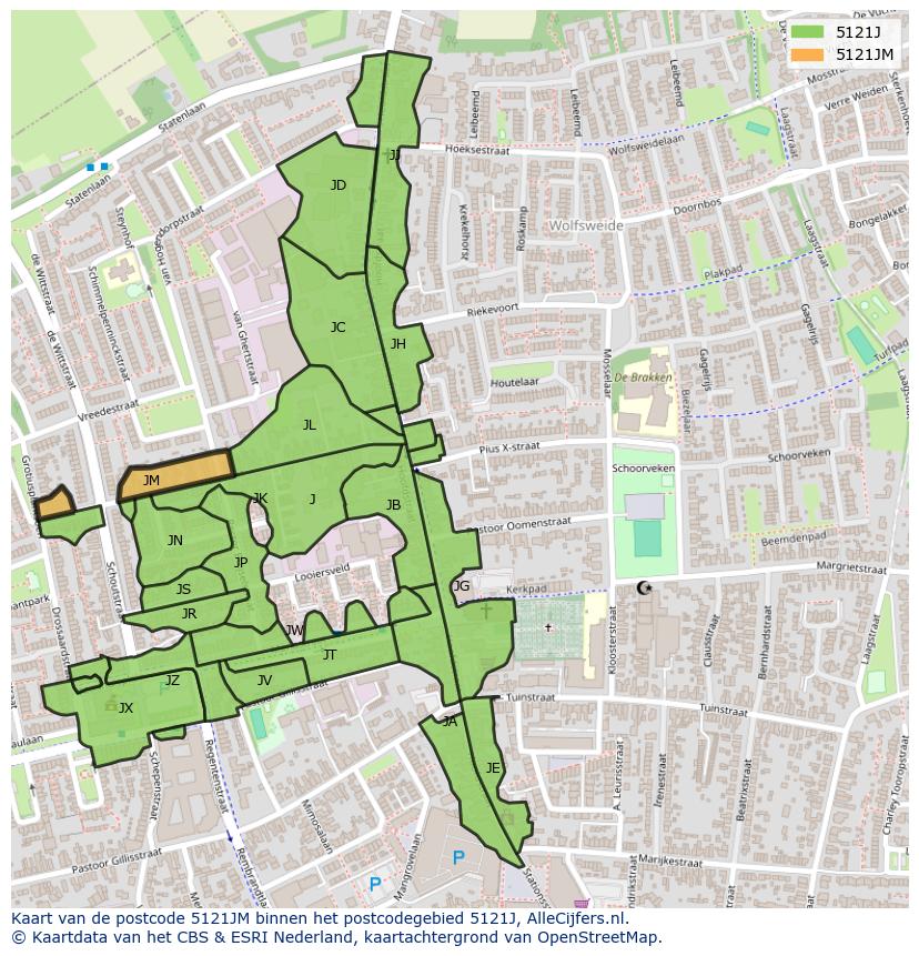 Afbeelding van het postcodegebied 5121 JM op de kaart.