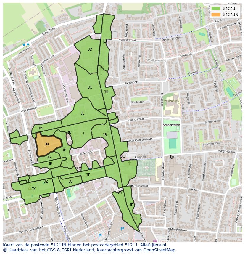 Afbeelding van het postcodegebied 5121 JN op de kaart.